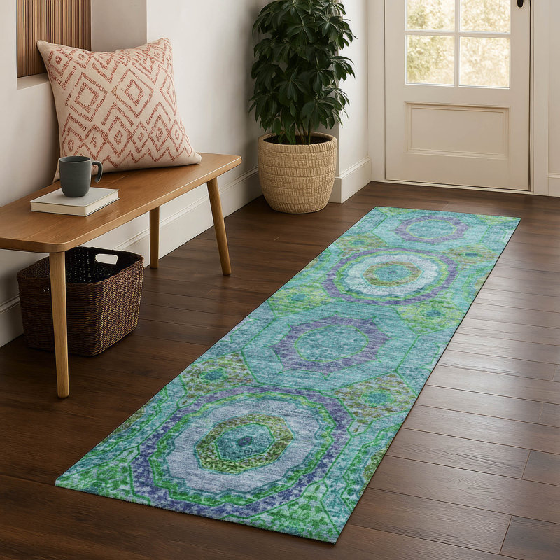 Premium Machine Washable Mayfield AMF2049 Panel Rug, 2'3" x 7'6" Runner, Teal