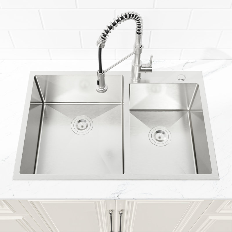 Évier de cuisine en acier inoxydable de 33 po x 19 po sur comptoir, double cuve, avec installation élégante et pratique sur comptoir brossé pour plus de commodité