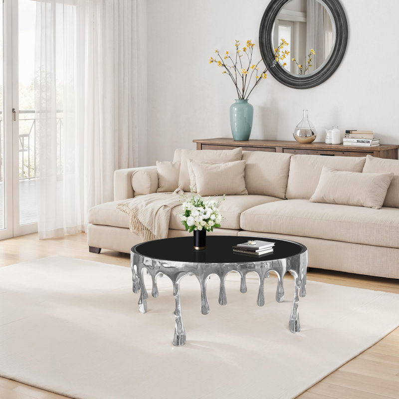 Capri Coffee Table | 36 Inch Round Glass Top | Melting Drip Design | Antique Finish, Silver