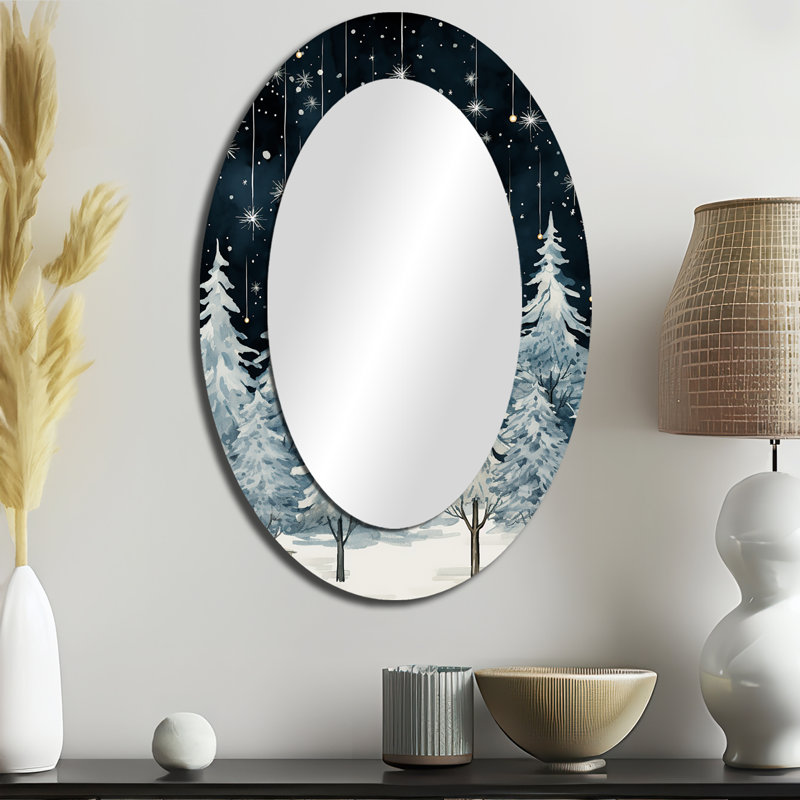 Hiver, pin, ciel étoilé étoilé I - Miroir décoratif floral ovale sur métal, 36 po x 24 po