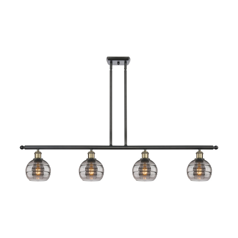 Luminaire suspendu pour îlot de cuisine à 4 lumières Chartoff, Gris fumée clair, Laiton antique noir