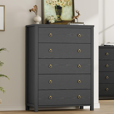 Commode 5 tiroirs pour chambre à coucher, commode haute de 45 pouces, meuble de rangement moderne pour vêtements et meuble télé, organisateur de tiroir en bois pour chambre de bébé, salon, entrée, noir