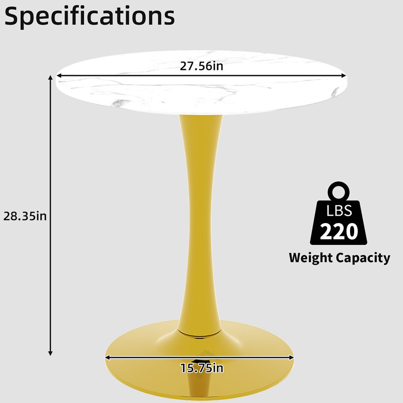 27.6-Inch Coffee Table, Mid-Century Modern Style Dining Table, Accommodates 2-4 People, Featuring A Round Veined Marble Tabletop, Suitable For Various Settings.