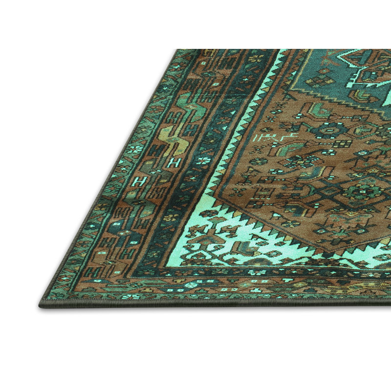 Tapis oriental fabriqué à la machine en vert / brun, Rectangle 6 pi x 9 pi
