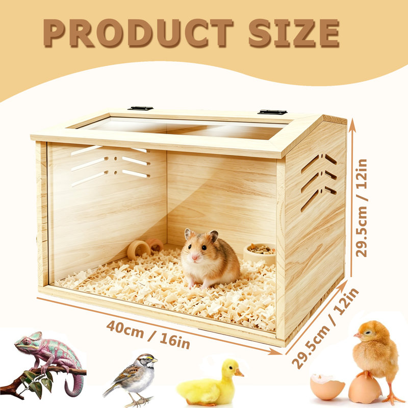 Cage à hamster en bois, cage à poulets, cage à hamster avec fenêtre en acrylique et plateau ouvrable, abri pour petit cochon d'Inde, chinchilla, gerbille (16 po x 12 po x 12 po)