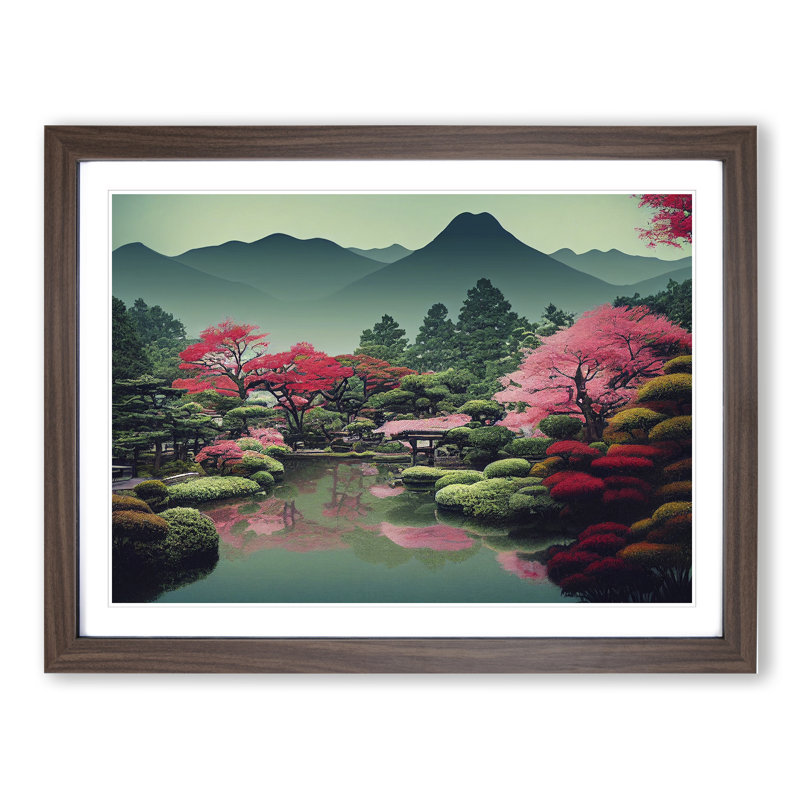 Traditional Japanese Mountains Vol.2 - Single Picture Frame Print, 46cm H x 64cm W x 2cm D, Walnut Framed