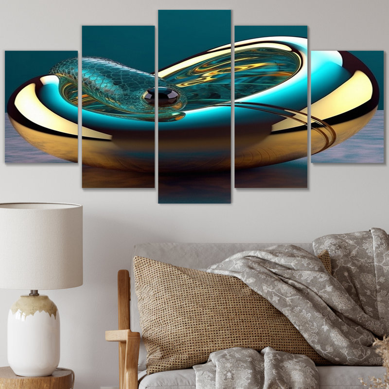 Rythme de l'infini turquoise sphère dorée IV - art mural abstrait fractal salon - 5 panneaux
