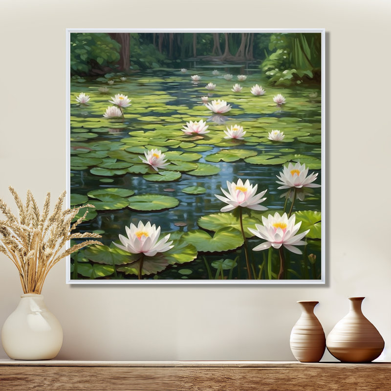Magical Lotus Lily Pad Pond - Impression sur toile encadrée Lotus, Cadre flottant blanc, 44" H x 44" W