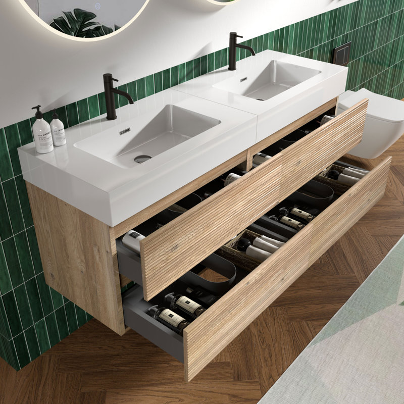 Meuble-lavabo mural avec surface solide et 4 tiroirs à fermeture en douceur, Chêne brut, 60", Blanc