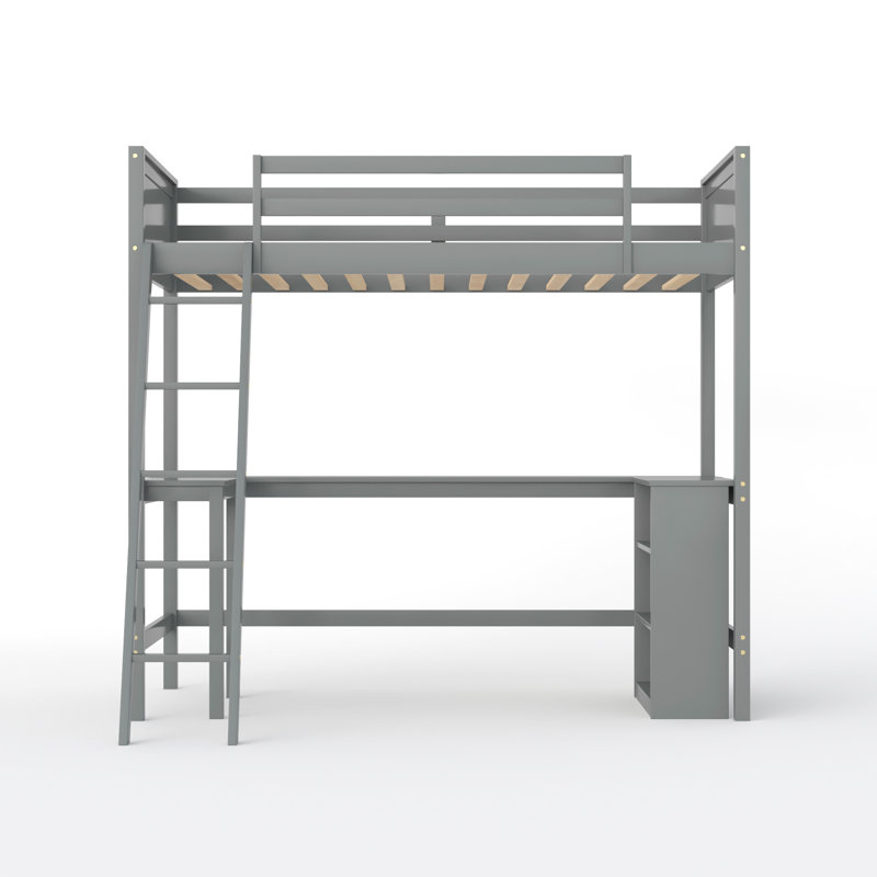 Lit mezzanine avec tablettes et bureau, gris