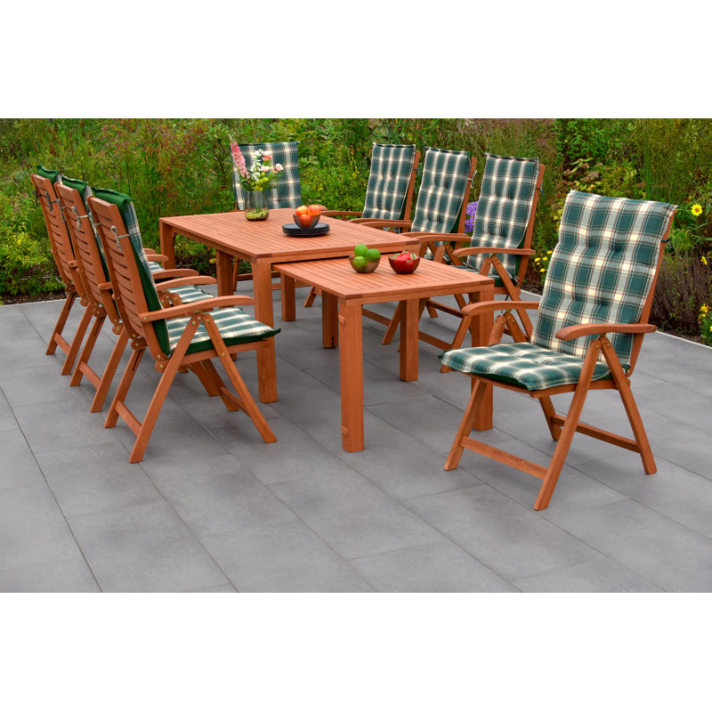 Mertzon 8 - Person Wood Patio Dining Set with Extendable Rectangular Table , Cushions Included
