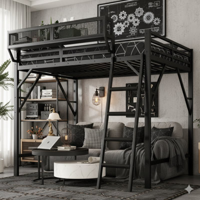 Queen-Size Elevated Bed (Loft Bed) With An Attached Ladder. A Metal Queen Loft Bed Featuring Storage Shelves. A High Loft Bed Suitable For Kids And Teens. Black Finish.