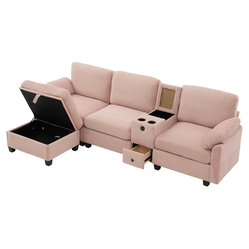 L-Type Multifunctional Corduroy Sofa: 4-Seater Segmented Design With Cup Holder/USB Interface/Storage Box, Equipped With Movable Console+Ottoman Style Storage Space, Optimized For Apt.