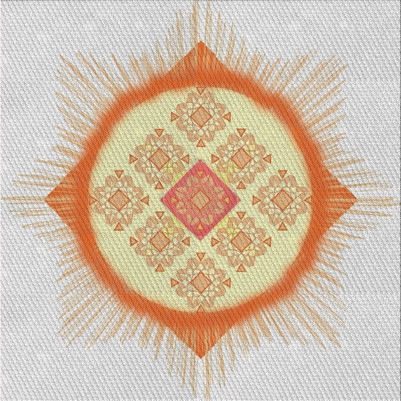 Tapis crème/orange/jaune tissé à la machine, Carré 7 pi