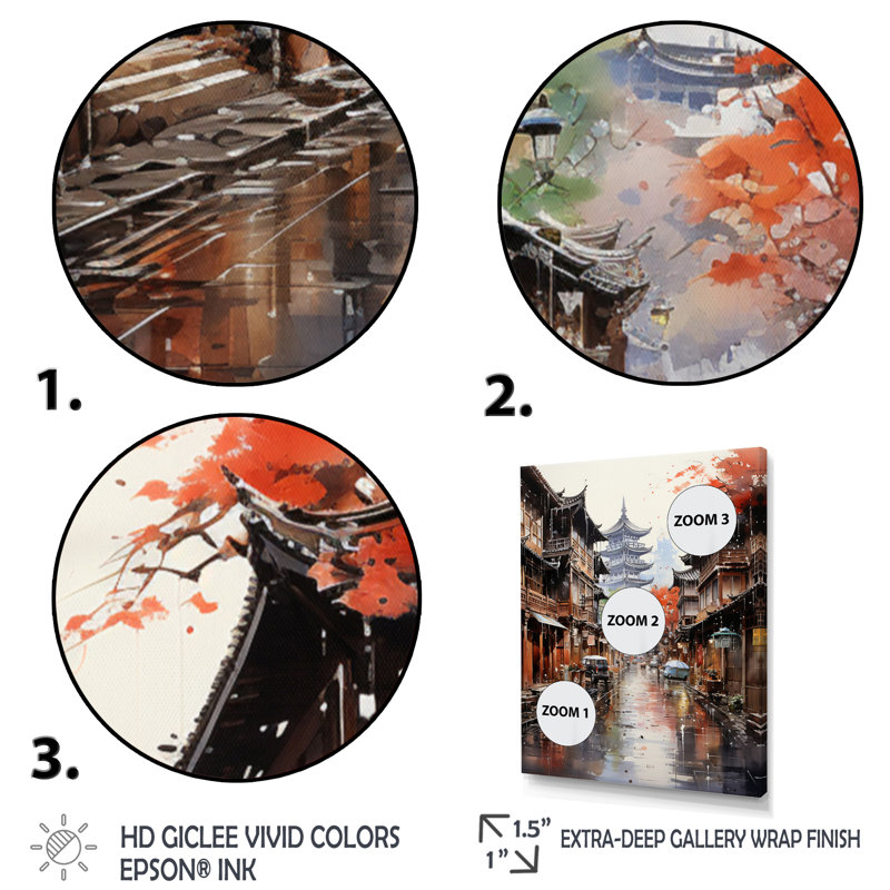 «Japon Art Kyotos Gion Dist Quartts», reproduction sur toile, H 20 po x l 12 po x P 1 po, Encadrement doré