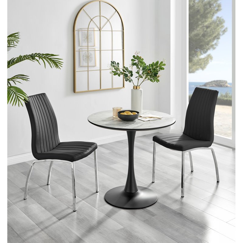Ellis White Marble Effect Melamine Round Dining Table Set with 2 Soft Touch Faux Leather Chairs, Black