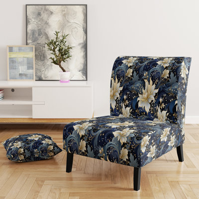 Astral Blue White Damask Radiance - Upholstered Traditional Slipper Chair, Blue Accent Chair