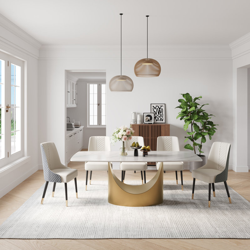  Table de salle à manger moderne avec plateau rectangulaire en pierre frittée, acier au carbone, Blanc mat