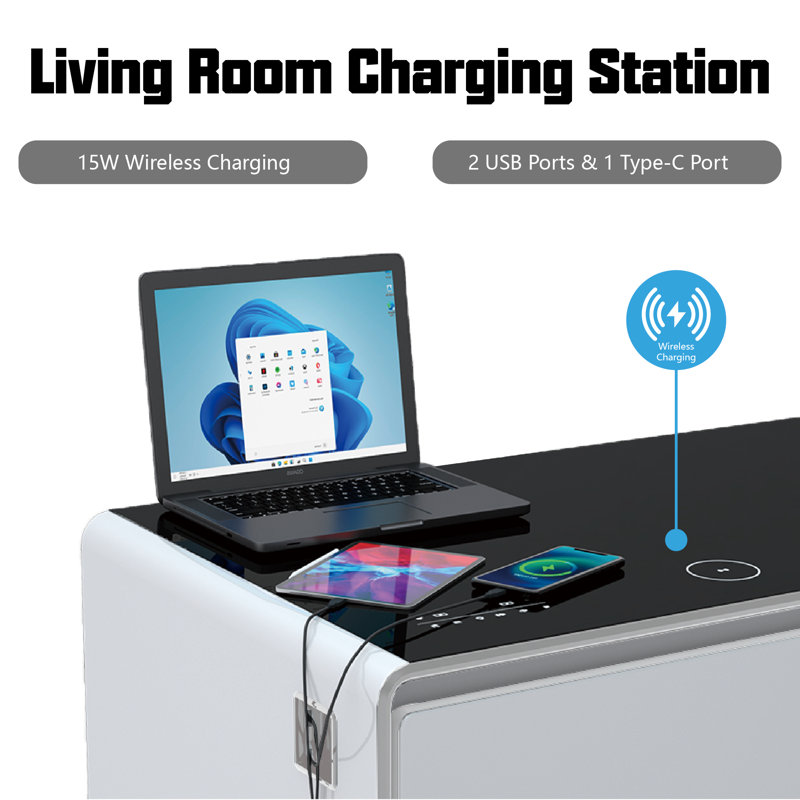Smart Coffee Table with Refrigerated Drawers Wireless Charging and Built In Bluetooth Speakers, White