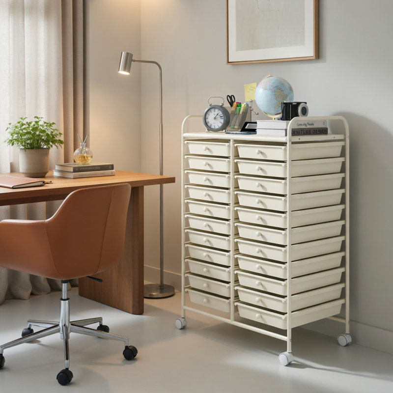  Chariot de rangement roulant 20 tiroirs avec roulettes verrouillables, structure en acier et tiroirs en plastique, organisateur de studio pour la maison, le bureau, le garage et la salle de classe, beige
