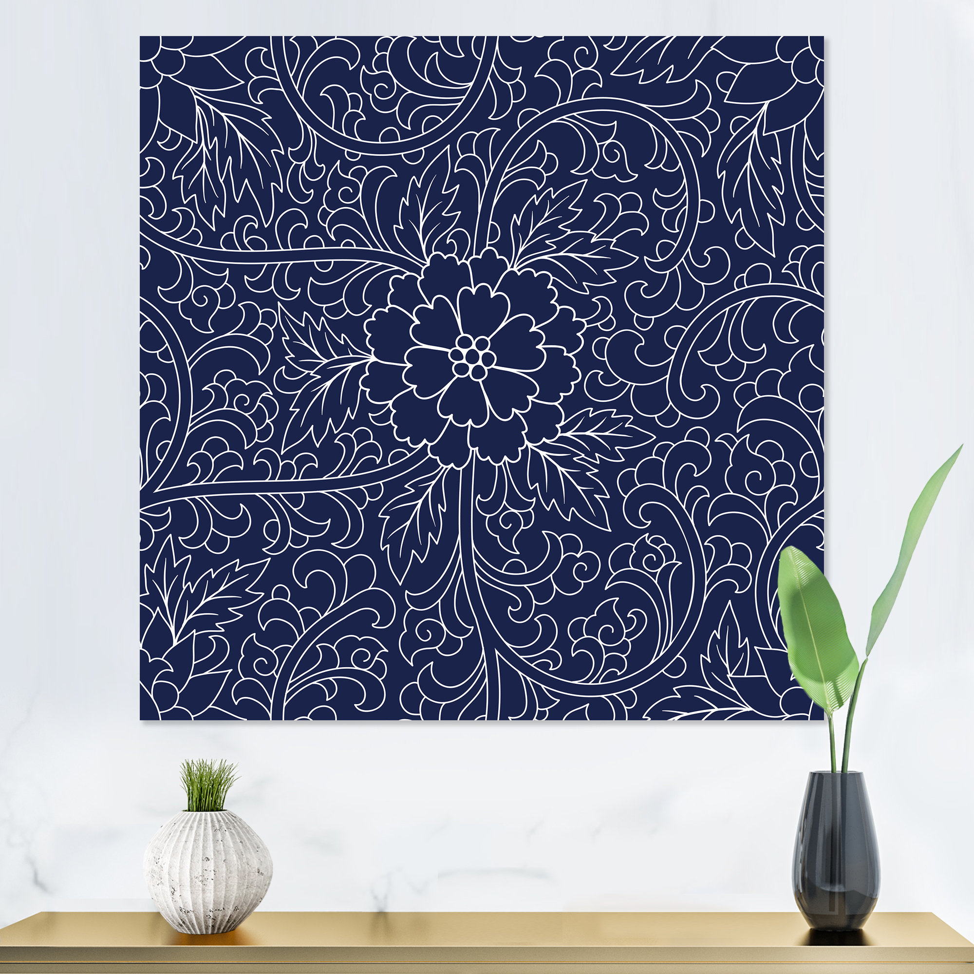East Urban Home Dark Blue Chinese Pattern - Modern Canvas Wall Art ...