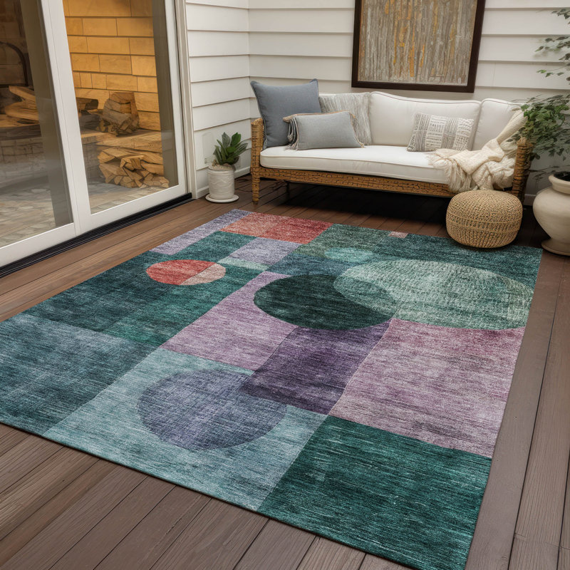 Green Geometric Flat Woven Synthetic Washable Rug 3' x 5'