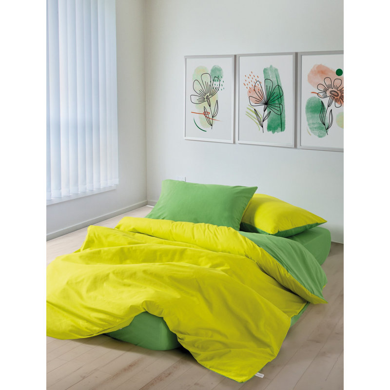 100% Cotton Ranforce Double Quilt Cover Set, Yellow & Green | Includes 79 x 87 in Duvet Cover, 63 x 79 in Fitted Sheet + 2 Pillowcases 20 x 28 in | Reactive Printing, Machine Washable, Envelope Closure & Button Design