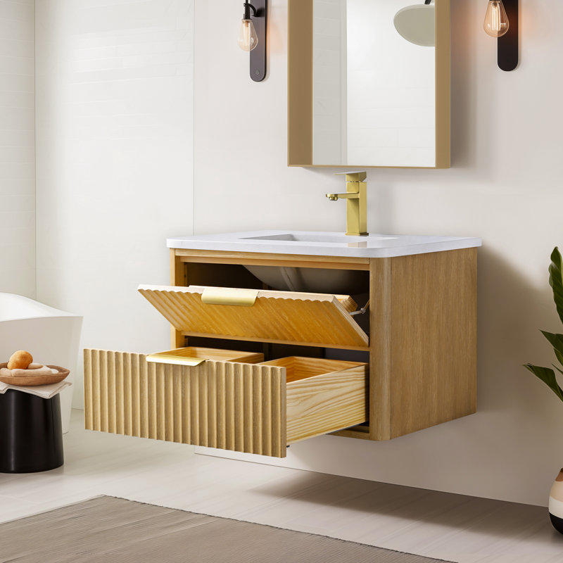 Ensemble de meuble-lavabo mural simple 30 po Westbury avec plateau en pierre d'ingénierie Westbury, 30", Chêne ensoleillé