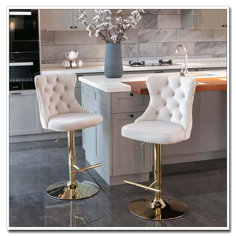 Tabourets de bar pivotants en velours à hauteur de siège réglable, Doré, Beige