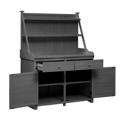 Établi de jardin gris de 65 pouces, bois de sapin, avec excellent poste de travail de rangement, tablettes pratiques