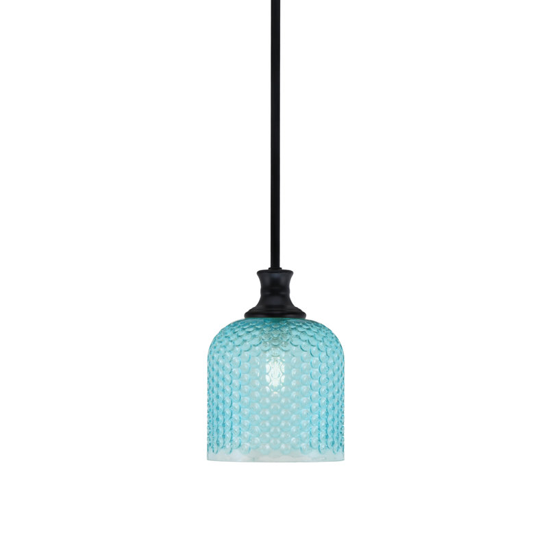 Luminaire suspendu Quapaw avec verre texturé turquoise de 7 po, Noir mat