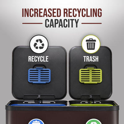 Simpli-Magic 18.5 Gallon (40L x 30L) Dual Compartment Step Trash Can – Kitchen Garbage Can with Waste & Recycling Bins – Slow-Close Lid, Odor Control, Hands-Free, Brown