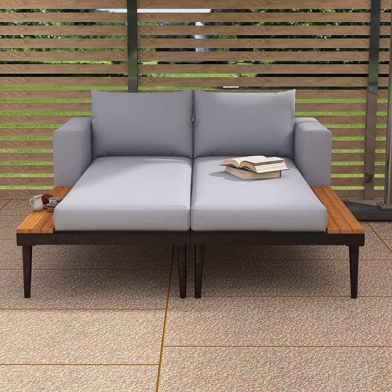 55'' Metal Outdoor Patio Daybed Double Chaise Lounge With Cushions, Gray, Black