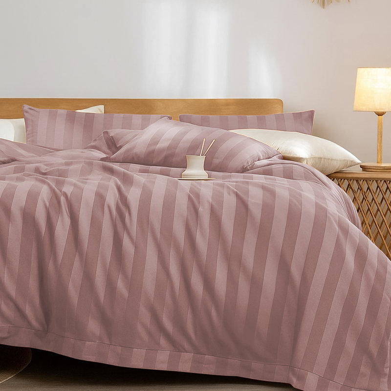 Microfiber Striped Duvet Cover Set with Matching Pillowcases & Fitted Sheet, Peach Striped