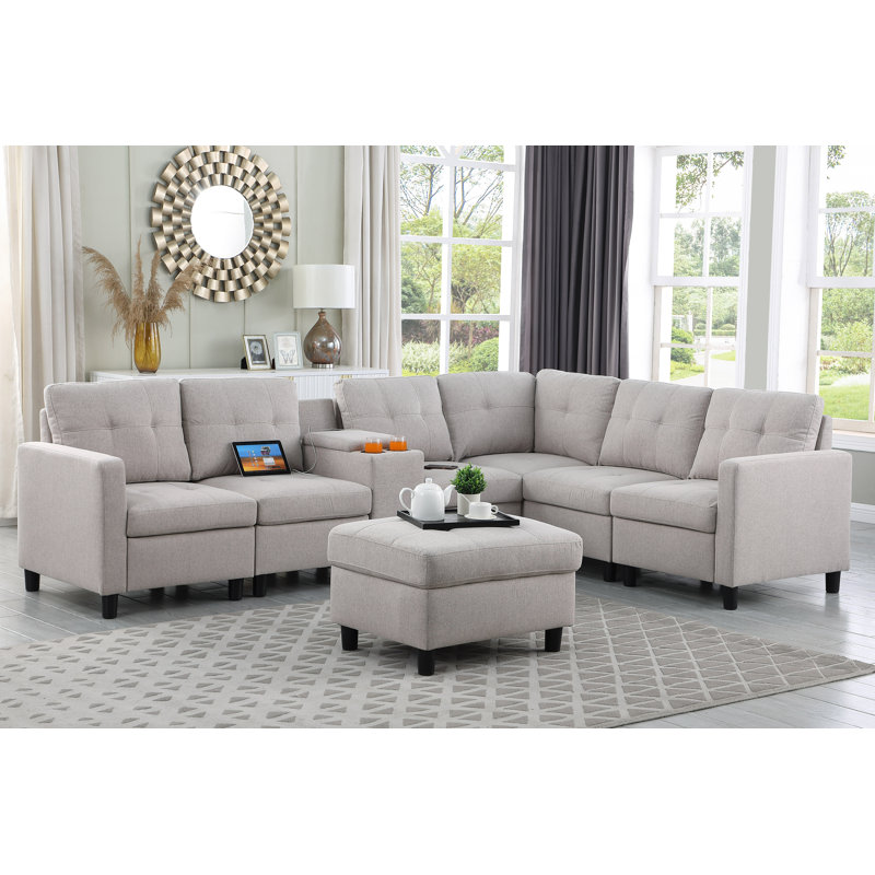 Kentrell L-Shape Sectional Sofa Couch With USB Ports & Cup Holders, Light Gray Polyester Blend