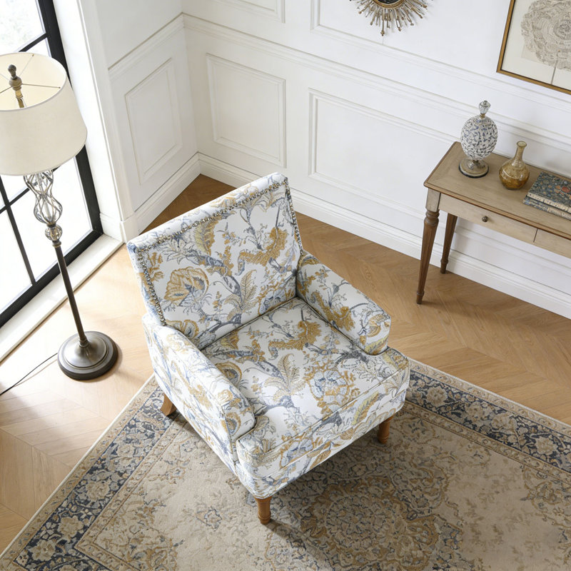 Chaise d'appoint, revêtement floral, garniture cloutée, pieds en bois massif, Jaune terreux