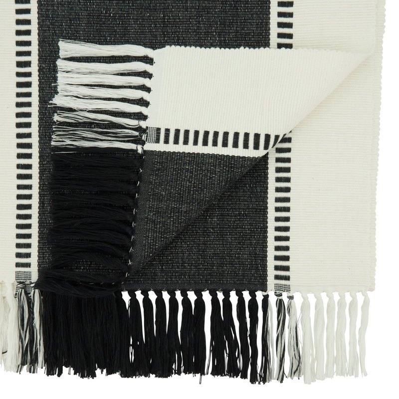 Black and White Striped Cotton Table Runner with Fringe