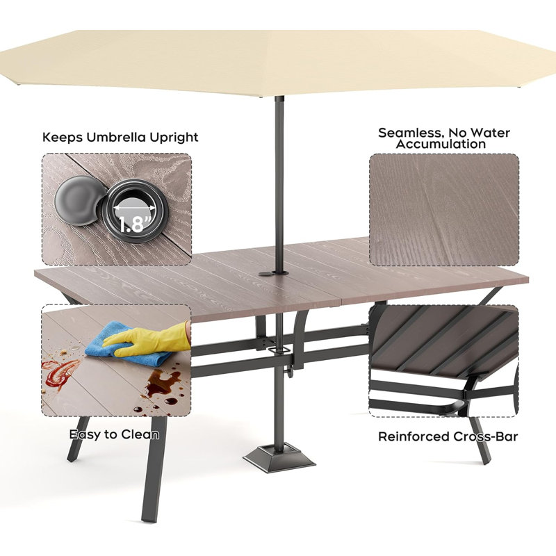Outdoor Dining Table For 6, 66.29" Long Rectangular Metal Wrought Iron Table With Umbrella Hole,Brown, Brown