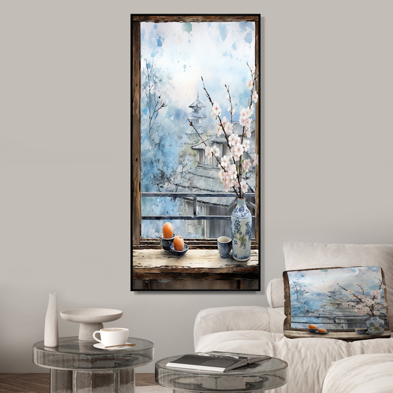 Art floral mural fenêtre à Nagasaki II - Japon, Cadre flottant noir, H 60 po x l 28 po x P 1,5 po