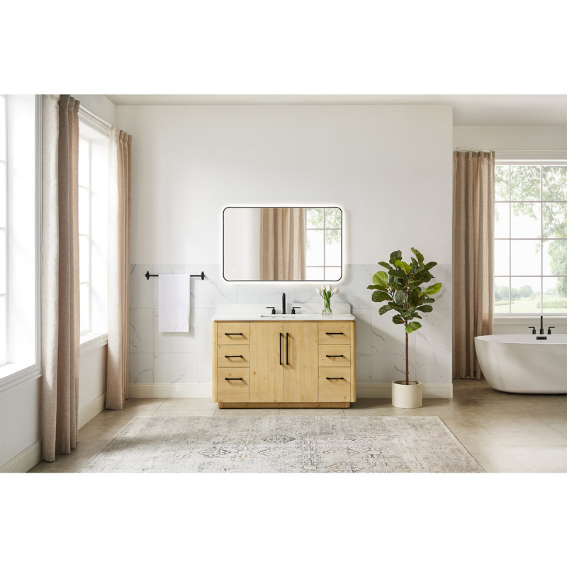 Lewistown 54" Single Bathroom Vanity in Nature Brown with Grain White Engineered Stone Countertop without Mirror