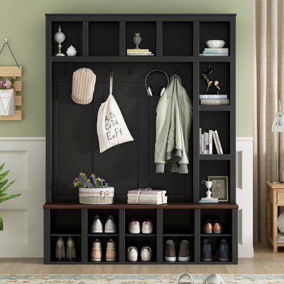 Arbre d'entrée multifonctionnel 4-en-1 avec banc de rangement, tablettes réglables et 6 crochets pour le salon Mudroom