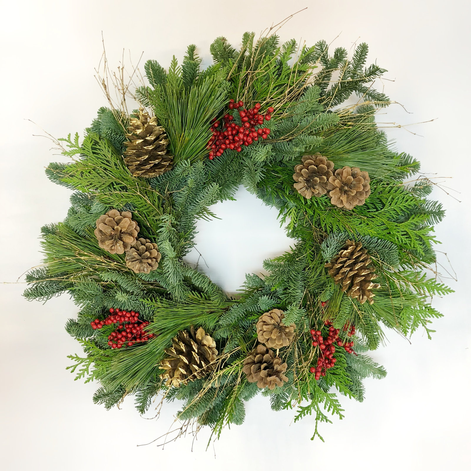 Natural Fresh Evergreens and Dried Flower Holiday Gold Pine Cones, Brown Pine Cones, and Red Berries Wreath