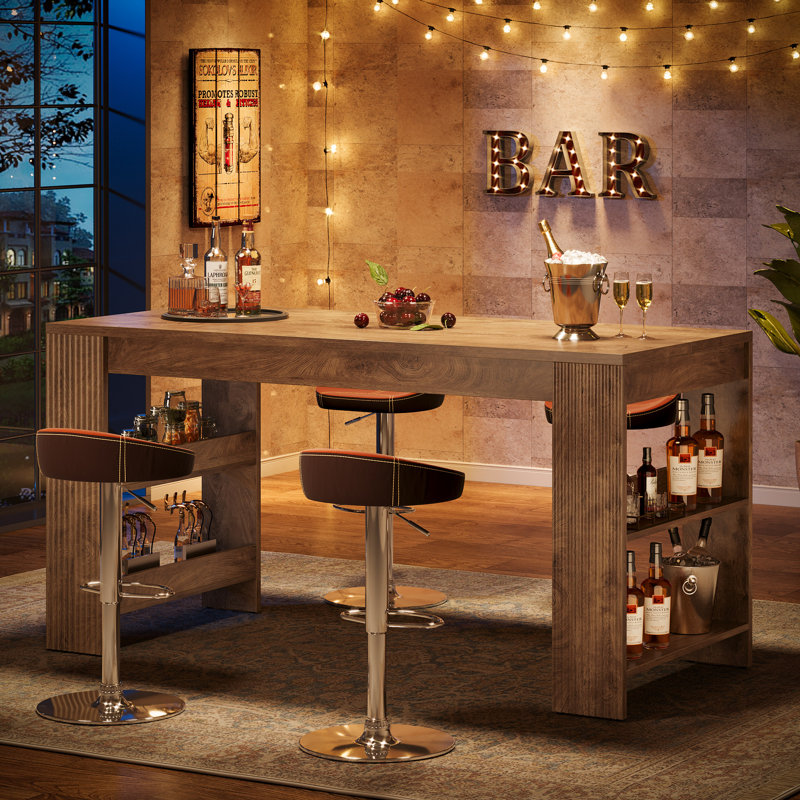 63" Long Bar Table with Storage, Counter Height Pub Table High Top Dining Table, Brown