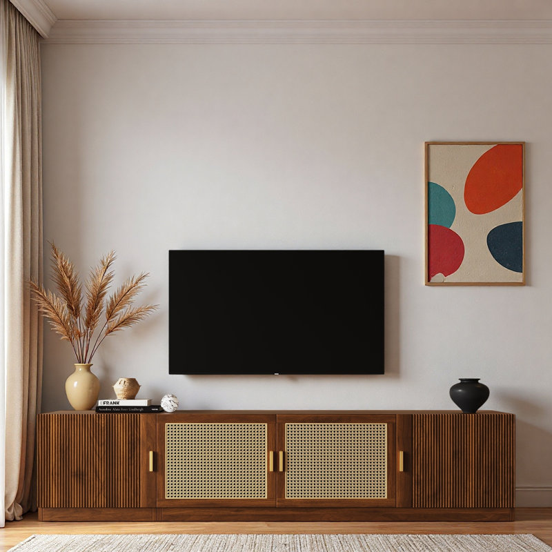 Meuble télé rétro avec portes en rotin et tablettes réglables