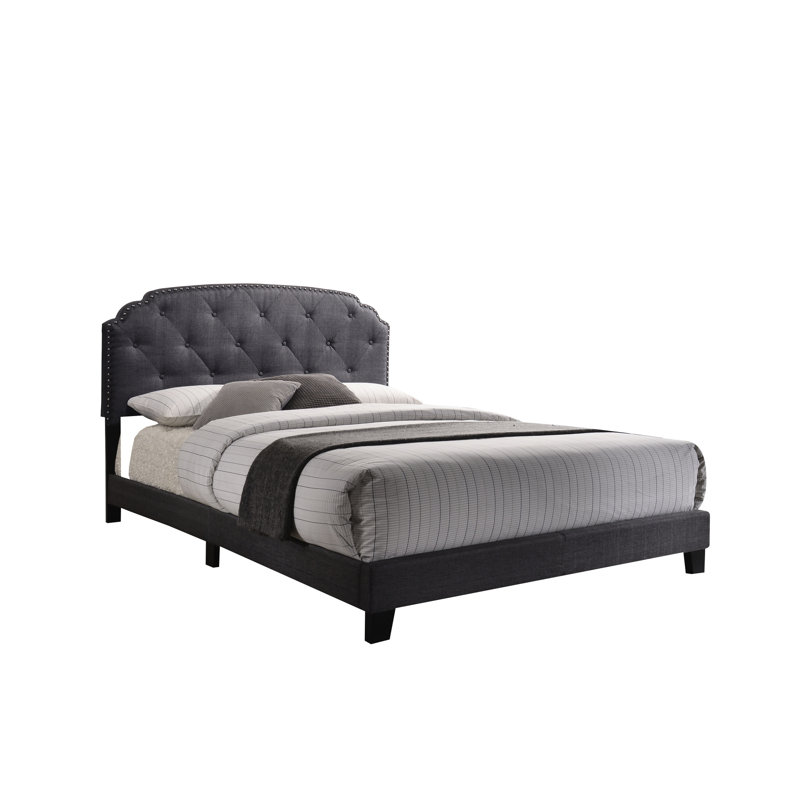 Grand lit en tissu gris avec support de tête de lit concave élégant et stable