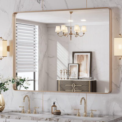 Gold Bathroom Mirror, Rounded Rectangle Gold Frame Mirror, Brushed Gold Bathroom Vanity Mirror Wall-Mounted, Anti-Rust, Tempered Glass, Hangs Horizontally Or Vertically