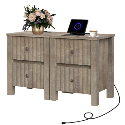 Millwood Pines® 2 Pack Modern End Sofa Table With Charging Station, Vintage Grey Wood End Table With Outlet&usb Ports, Farmhouse Side Table With 2 Storage Drawers For Living Room, Bedroomoom