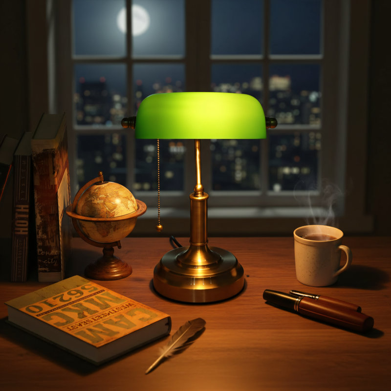 Green Glass Vintage Banker's Lamp With Brass Base And Pull-Chain Switch, E26 Socket. Suitable For Offices, Study Rooms, And Other Similar Spaces.