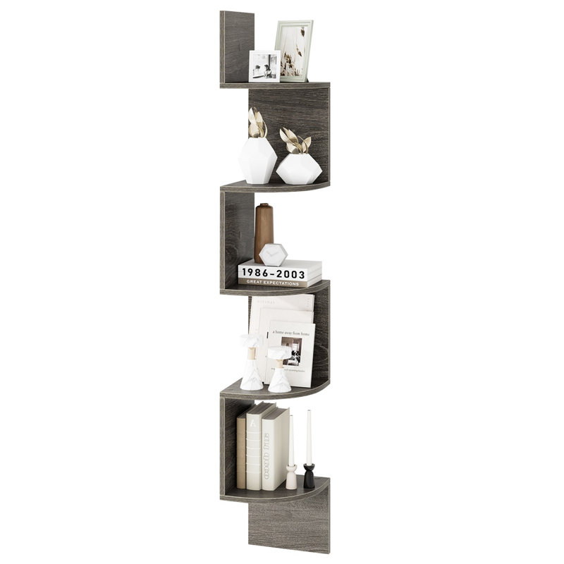 Étagère d'angle murale flottante à 5 niveaux, en bois composite, idéale pour les petits espaces, brun et gris., Gris brun