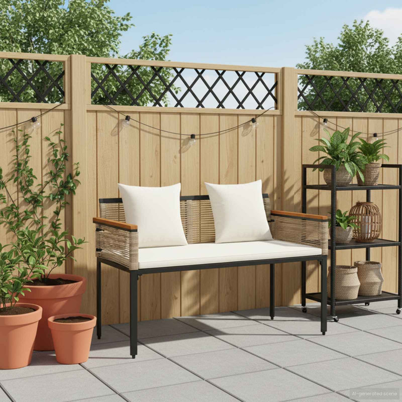 Poly Rattan Outdoor Bench, Grey, Cream White